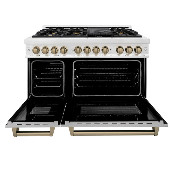 ZLINE Autograph Edition 48 in. 6.0 cu. ft. Legacy Dual Fuel Range with 7 Burner Gas Cooktop and 2 Electric Ovens in Satin Stainless Steel and Champagne Bronze Accents (RASZ-SN-48-CB)