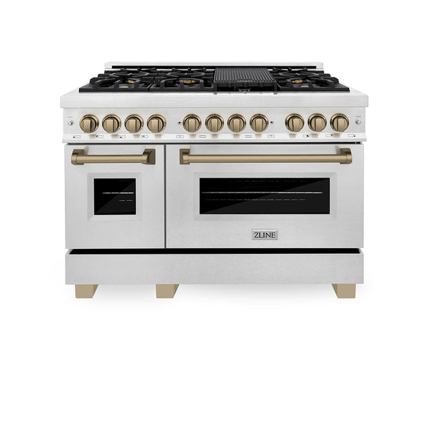 ZLINE Autograph Edition 48 in. 6.0 cu. ft. Legacy Dual Fuel Range with 7 Burner Gas Cooktop and 2 Electric Ovens in Satin Stainless Steel and Champagne Bronze Accents (RASZ-SN-48-CB)