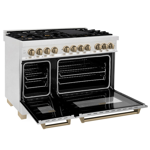 ZLINE Autograph Edition 48 in. 6.0 cu. ft. Legacy Dual Fuel Range with 7 Burner Gas Cooktop and 2 Electric Ovens in Satin Stainless Steel and Champagne Bronze Accents (RASZ-SN-48-CB)