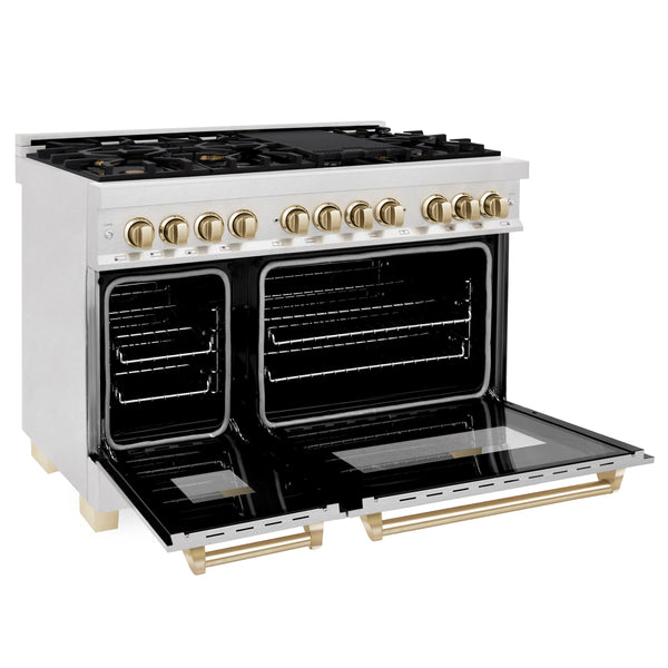 ZLINE Autograph Edition 48 in. 6.0 cu. ft. Legacy Dual Fuel Range with 7 Burner Gas Cooktop and 2 Electric Ovens in Satin Stainless Steel and Matte Black Accents (RASZ-SN-48-MB)