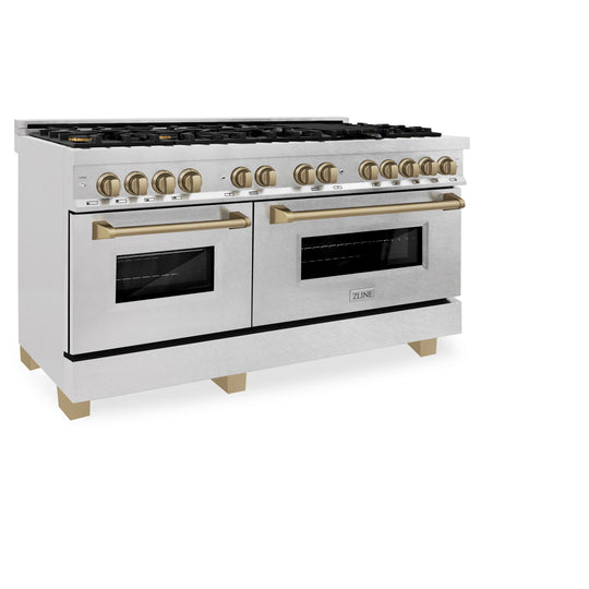 ZLINE Autograph Edition 60 in. 7.4 cu. ft. Legacy Dual Fuel Range with 9 Burner Gas Cooktop and 2 Electric Convection Ovens in Satin Stainless Steel and Champagne Bronze Accents (RASZ-SN-60-CB)