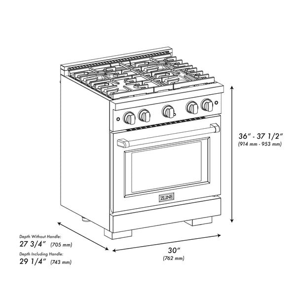 ZLINE Autograph Edition 30 in. 4.2 cu. ft. Paramount Dual Fuel Range with 4 Burner Gas Cooktop and Electric Convection Oven in Satin Stainless Steel with Champagne Bronze Accents (SDRSZ-30-CB)