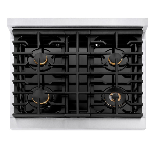 ZLINE Autograph Edition 30 in. 4.2 cu. ft. Paramount Dual Fuel Range with 4 Burner Gas Cooktop and Electric Convection Oven in Satin Stainless Steel with Champagne Bronze Accents (SDRSZ-30-CB)