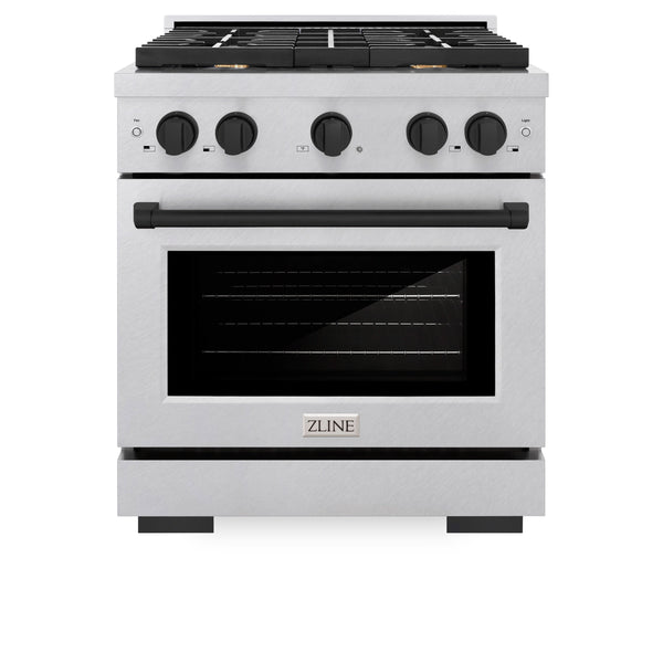 ZLINE Autograph Edition 30 in. 4.2 cu. ft. Paramount Dual Fuel Range with 4 Burner Gas Cooktop and Electric Convection Oven in Satin Stainless Steel with Matte Black Accents (SDRSZ-30-MB)