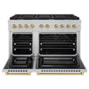 ZLINE Autograph Edition 48 in. 6.7 cu. ft. Paramount Double Oven Dual Fuel Range with 8 Burner Gas Cooktop in Satin Stainless Steel and Polished Gold Accents (SDRSZ-48-G)