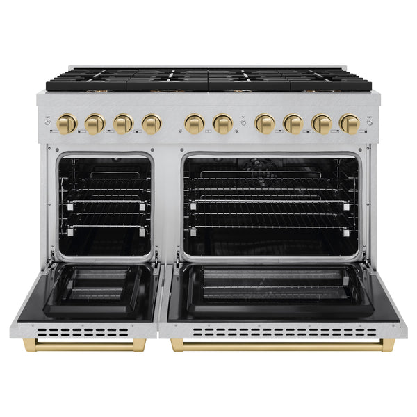 ZLINE Autograph Edition 48 in. 6.7 cu. ft. Paramount Double Oven Dual Fuel Range with 8 Burner Gas Cooktop in Satin Stainless Steel and Polished Gold Accents (SDRSZ-48-G)