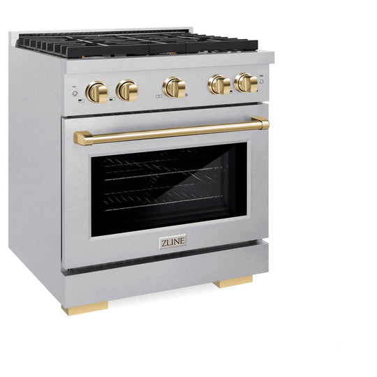 ZLINE Autograph Edition 30 in. 4.2 cu. ft. Paramount Gas Range with 4 Burner Cooktop and Convection Gas Oven in Satin Stainless Steel and Polished Gold Accents (SGRSZ-30-G)