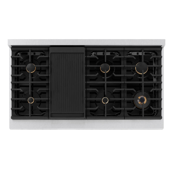 ZLINE Autograph Edition 48 in. 6.7 cu. ft. Paramount Double Oven Gas Range with 8 Burner Cooktop in Satin Stainless Steel and Champagne Bronze Accents (SGRSZ-48-CB)