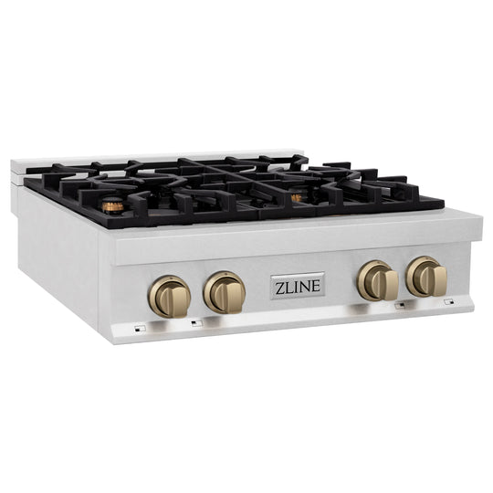 ZLINE Autograph Edition 30 in. Legacy Gas Rangetop with 4 Burners and Porcelain Cooktop in Satin Stainless Steel with Polished Gold Accents (RTSZ-30-G)