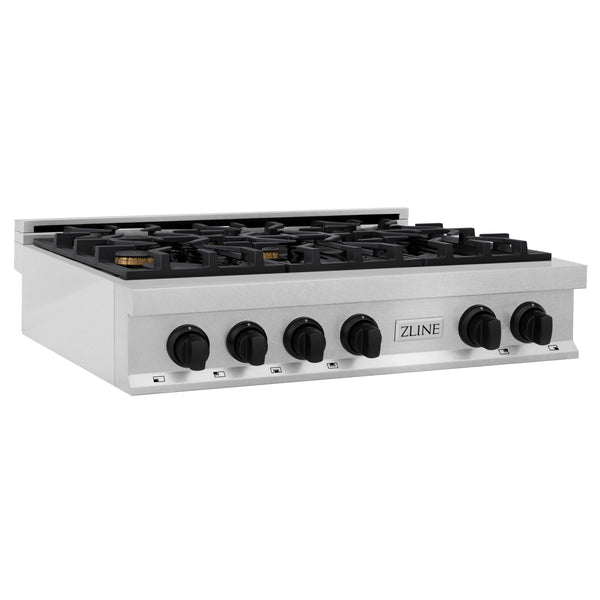 ZLINE Autograph Edition 36 in. Legacy Gas Rangetop with 6 Burners and Porcelain Cooktop in Satin Stainless Steel with Matte Black Accents (RTSZ-36-MB)