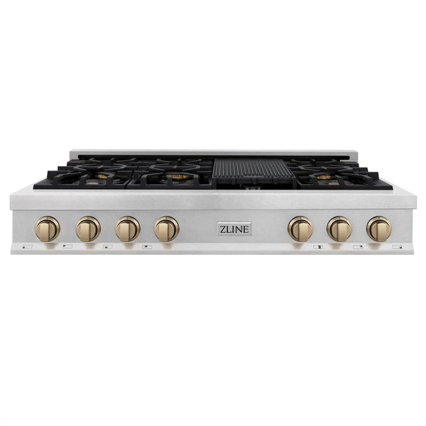 ZLINE Autograph Edition 48 in. Legacy Gas Rangetop with 7 Burners and Porcelain Cooktop in Satin Stainless Steel with Champagne Bronze Accents (RTSZ-48-CB)