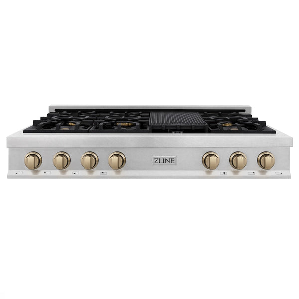 ZLINE Autograph Edition 48 in. Legacy Gas Rangetop with 7 Burners and Porcelain Cooktop in Satin Stainless Steel with Champagne Bronze Accents (RTSZ-48-CB)