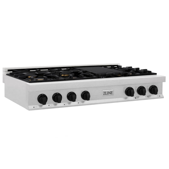 ZLINE Autograph Edition 48 in. Legacy Gas Rangetop with 7 Burners and Porcelain Cooktop in Satin Stainless Steel with Matte Black Accents (RTSZ-48-MB)