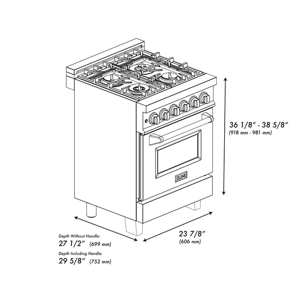 ZLINE Autograph Edition 24 in. 2.8 cu. ft. Legacy Dual Fuel Range with 4 Burner Gas Cooktop and Electric Convection Oven in Satin Stainless Steel with White Matte Door and Polished Gold Accents (RASZ-WM-24-G)