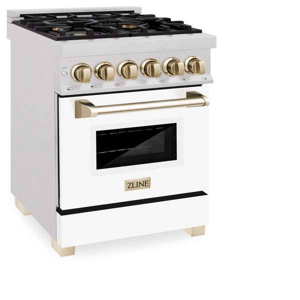 ZLINE Autograph Edition 24 in. 2.8 cu. ft. Legacy Dual Fuel Range with 4 Burner Gas Cooktop and Electric Convection Oven in Satin Stainless Steel with White Matte Door and Polished Gold Accents (RASZ-WM-24-G)