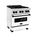 ZLINE Autograph Edition 30 in. 4.0 cu. ft. Legacy Dual Fuel Range with 4 Burner Gas Cooktop and Electric Convection Oven in Satin Stainless Steel with White Matte Door and Matte Black Accents (RASZ-WM-30-MB)