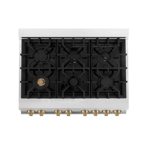 ZLINE Autograph Edition 36 in. 4.6 cu. ft. Legacy Dual Fuel Range with 6 Burner Gas Cooktop and Electric Convection Oven in Satin Stainless Steel with White Matte Door and Champagne Bronze Accents (RASZ-WM-36-CB)