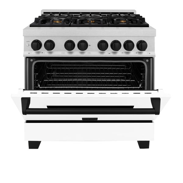ZLINE Autograph Edition 36 in. 4.6 cu. ft. Legacy Dual Fuel Range with 6 Burner Gas Cooktop and Electric Convection Oven in Satin Stainless Steel with White Matte Door and Matte Black Accents (RASZ-WM-36-MB)
