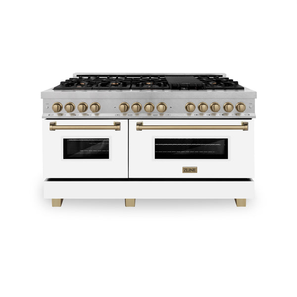 ZLINE Autograph Edition 60 in. 7.4 cu. ft. Legacy Dual Fuel Range with 9 Burner Gas Cooktop and 2 Electric Convection Ovens in Satin Stainless Steel with White Matte Doors and Champagne Bronze Accents (RASZ-WM-60-CB)