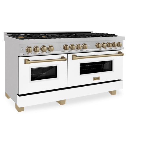 ZLINE Autograph Edition 60 in. 7.4 cu. ft. Legacy Dual Fuel Range with 9 Burner Gas Cooktop and 2 Electric Convection Ovens in Satin Stainless Steel with White Matte Doors and Champagne Bronze Accents (RASZ-WM-60-CB)
