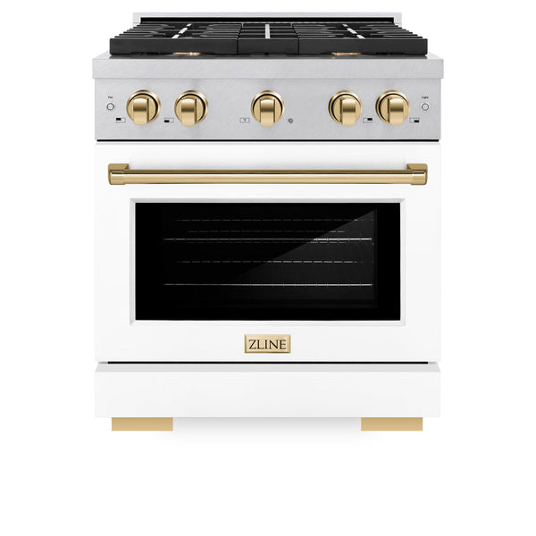 ZLINE Autograph Edition 30 in. 4.2 cu. ft. Paramount Dual Fuel Range with 4 Burner Gas Cooktop and Electric Convection Oven in Satin Stainless Steel with White Matte Door and Polished Gold Accents (SDRSZ-WM-30-G)