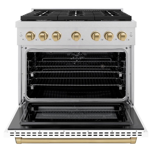 ZLINE Autograph Edition 36 in. 5.2 cu. ft. Paramount Dual Fuel Range with 6 Burner Gas Cooktop and Electric Convection Oven in Satin Stainless Steel with White Matte Door and Champagne Bronze Accents (SDRSZ-WM-36-CB)