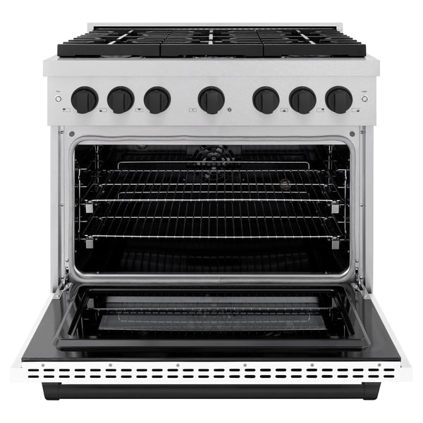ZLINE Autograph Edition 36 in. 5.2 cu. ft. Paramount Dual Fuel Range with 6 Burner Gas Cooktop and Electric Convection Oven in Satin Stainless Steel with White Matte Door and Matte Black Accents (SDRSZ-WM-36-MB)