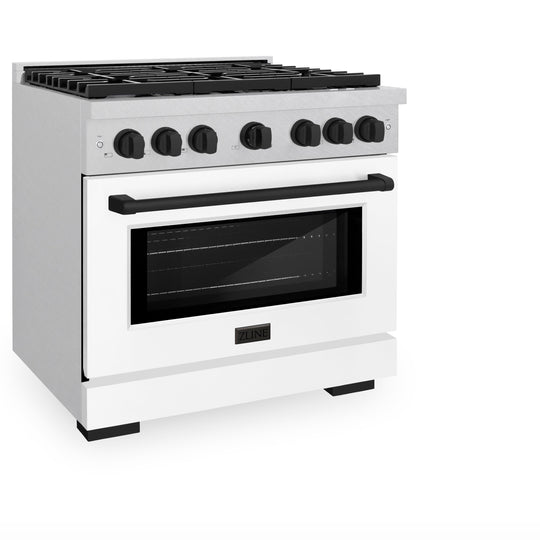 ZLINE Autograph Edition 36 in. 5.2 cu. ft. Paramount Dual Fuel Range with 6 Burner Gas Cooktop and Electric Convection Oven in Satin Stainless Steel with White Matte Door and Matte Black Accents (SDRSZ-WM-36-MB)