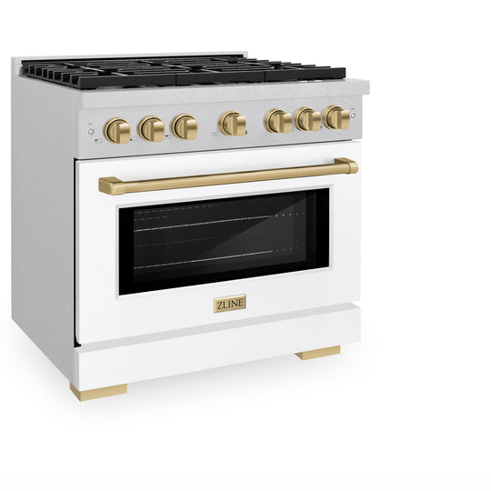 ZLINE Autograph Edition 36 in. 5.2 cu. ft. Paramount Gas Range with 6 Burner Cooktop and Convection Gas Oven in Satin Stainless Steel with White Matte Door and Champagne Bronze Accents (SGRSZ-WM-36-CB)