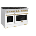 ZLINE Autograph Edition 48 in. 6.7 cu. ft. Paramount Double Oven Gas Range with 8 Burner Cooktop in Satin Stainless Steel with White Matte Doors and Champagne Bronze Accents (SGRSZ-WM-48-CB)