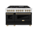 ZLINE Autograph Edition 48 in. 6.0 cu. ft. Legacy Dual Fuel Range with 7 Burner Gas Cooktop and 2 Electric Ovens in Satin Stainless Steel with Black Matte Doors and Champagne Bronze Accents (RASZ-BLM-48-CB)