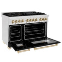 ZLINE Autograph Edition 48 in. 6.0 cu. ft. Legacy Dual Fuel Range with 7 Burner Gas Cooktop and 2 Electric Ovens in Satin Stainless Steel with Black Matte Doors and Polished Gold Accents (RASZ-BLM-48-G)