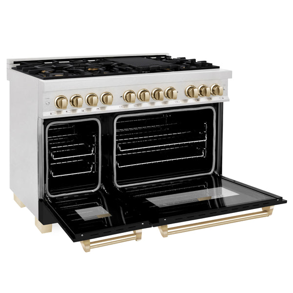 ZLINE Autograph Edition 48 in. 6.0 cu. ft. Legacy Dual Fuel Range with 7 Burner Gas Cooktop and 2 Electric Ovens in Satin Stainless Steel with Black Matte Doors and Polished Gold Accents (RASZ-BLM-48-G)