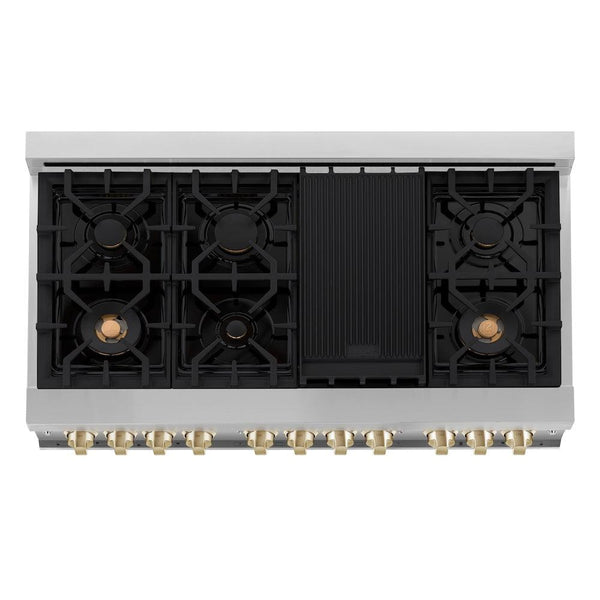 ZLINE Autograph Edition 48 in. 6.0 cu. ft. Legacy Dual Fuel Range with 7 Burner Gas Cooktop and 2 Electric Ovens in Stainless Steel with Black Matte Doors and Polished Gold Accents (RAZ-BLM-48-G) top-view, above cooktop.