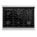 ZLINE Autograph Edition 36 in. 5.2 cu. ft. Paramount Dual Fuel Range with 6 Burner Gas Cooktop and Electric Convection Oven in Stainless Steel with Black Matte Door and Champagne Bronze Accents (SDRZ-BLM-36-CB) above, top-down view of gas cooktop.