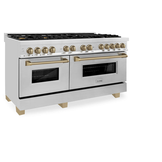 ZLINE Autograph Edition 60 in. 7.4 cu. ft. Legacy Dual Fuel Range with 9 Burner Gas Cooktop and 2 Electric Convection Ovens in Stainless Steel and Champagne Bronze Accents (RAZ-60-CB)
