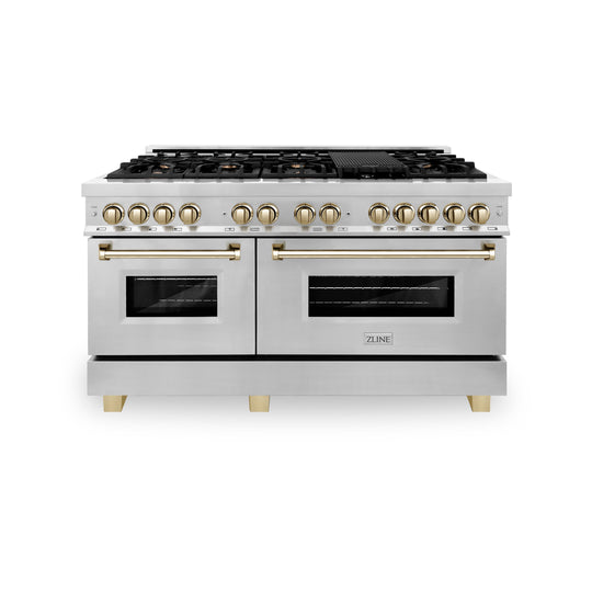 ZLINE Autograph Edition 60 in. 7.4 cu. ft. Legacy Dual Fuel Range with 9 Burner Gas Cooktop and 2 Electric Convection Ovens in Stainless Steel and Polished Gold Accents (RAZ-60-G)