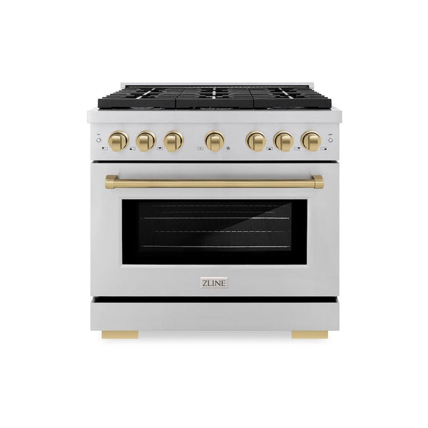 ZLINE Autograph Edition 36 in. 5.2 cu. ft. 6 Burner Gas Range with Convection Gas Oven in Stainless Steel and Champagne Bronze Accents (SGRZ-36-CB) front, oven closed.