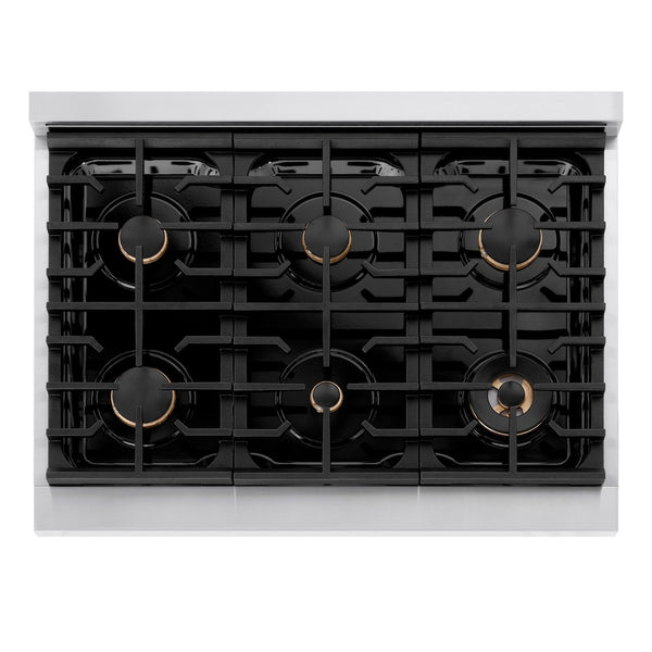 ZLINE Autograph Edition 36 in. 5.2 cu. ft. Paramount Gas Range with 6 Burner Cooktop and Convection Gas Oven in Stainless Steel and Champagne Bronze Accents (SGRZ-36-CB)