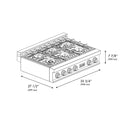 ZLINE Autograph Edition 36 in. Porcelain Rangetop with 6 Gas Burners in Stainless Steel with Polished Gold Accents (RTZ-36-G) dimensional diagram with measurements.