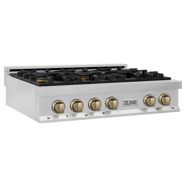 ZLINE Autograph Edition 36 in. Legacy Gas Rangetop with 6 Burners and Porcelain Cooktop in Stainless Steel with Champagne Bronze Accents (RTZ-36-CB)