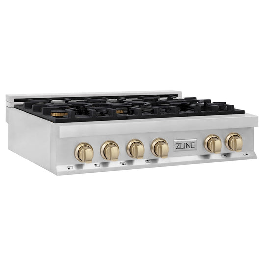 ZLINE Autograph Edition 36 in. Legacy Gas Rangetop with 6 Burners and Porcelain Cooktop in Stainless Steel with Polished Gold Accents (RTZ-36-G)
