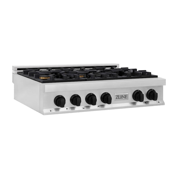 ZLINE Autograph Edition 36 in. Legacy Gas Rangetop with 6 Burners and Porcelain Cooktop in Stainless Steel with Matte Black Accents (RTZ-36-MB)