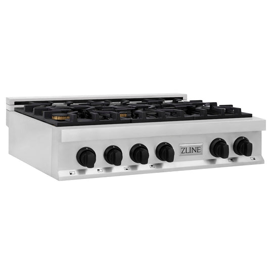ZLINE Autograph Edition 36 in. Legacy Gas Rangetop with 6 Burners and Porcelain Cooktop in Stainless Steel with Matte Black Accents (RTZ-36-MB)