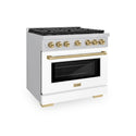 ZLINE Autograph Edition 36 in. 5.2 cu. ft. 6 Burner Gas Range with Convection Gas Oven in Stainless Steel with White Matte Door and Champagne Bronze Accents (SGRZ-WM-36-CB) side, oven closed.