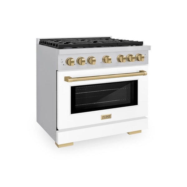 ZLINE Autograph Edition 36 in. 5.2 cu. ft. 6 Burner Gas Range with Convection Gas Oven in Stainless Steel with White Matte Door and Champagne Bronze Accents (SGRZ-WM-36-CB) side, oven closed.