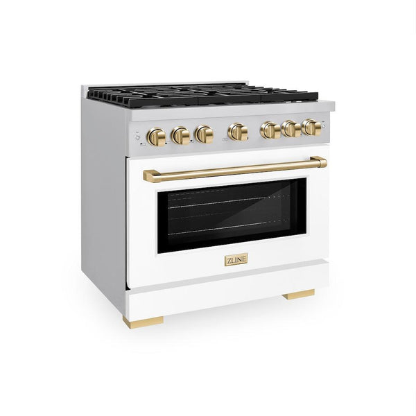 ZLINE Autograph Edition 36 in. 5.2 cu. ft. 6 Burner Gas Range with Convection Gas Oven in Stainless Steel with White Matte Door and Polished Gold Accents (SGRZ-WM-36-G) side, oven closed.