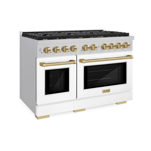 ZLINE Autograph Edition 48 in. 6.7 cu. ft. 8 Burner Double Oven Gas Range in Stainless Steel with White Matte Doors and Champagne Bronze Accents (SGRZ-WM-48-CB) side, oven closed.