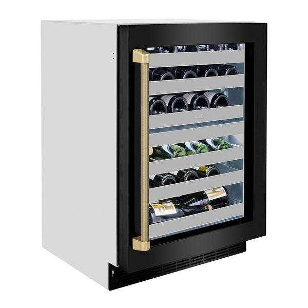 ZLINE Autograph Edition 24 in. Touchstone Dual Zone 44 Bottle Wine Cooler with Black Stainless Steel Glass Door and Champagne Bronze Helix Handle (RWDOZ-BS-24-KCB)