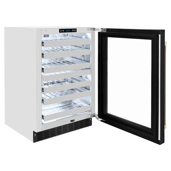 ZLINE Autograph Edition 24 in. Touchstone Dual Zone 44 Bottle Wine Cooler with Black Stainless Steel Glass Door and Champagne Bronze Helix Handle (RWDOZ-BS-24-KCB)
